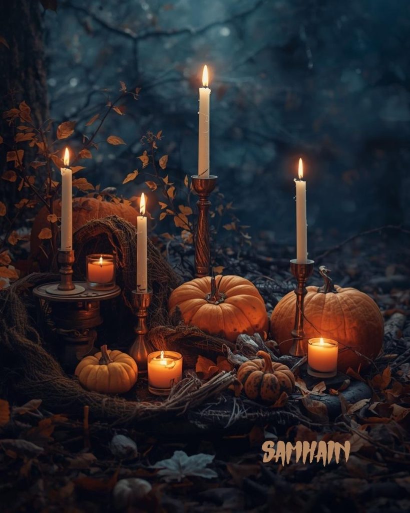 Oslava svátku samhain, dýně, svíčky, půlnoc