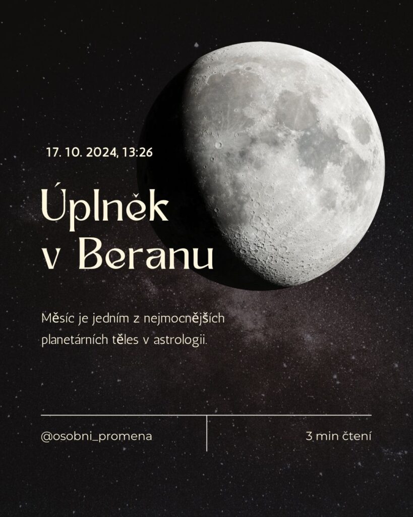 obrázek úplněk v Beranu, měsíc, úplněk, tmavá obloha a text